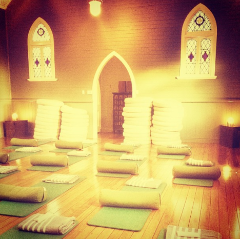 Nightly yoga and meditation in the church. 