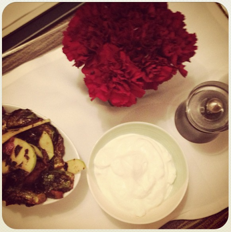 Two pm room service at Crosby Street : brussel sprouts and bacon and yoghurt... With CARNATIONS!!