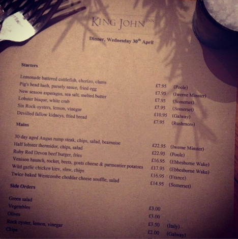 Now THIS is a menu @kingjohninn #wiltshire #sustainablemeat