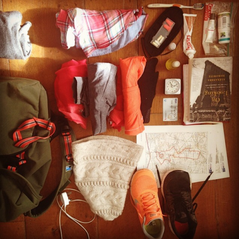 Here's what I took for a four day hike in Dorset: Toothbrush and paste, Jojoba oil (for cleansing and moisturiser), ear plugs, eye mask, phone charger, maps, credit card, 1 x undies, 1 x spare shoes, 1 x shoes for hiking in mud (yes, hiking shoes are better but I don’t have any right now and can’t be bothered to buy some), 1 x hike outfit (singlet, thermal layers, leggings), 1 x change of clothes (leggings, shirt), a book. I don’t carry food (I eat a massive breakfast and dinner) and I didn’t carry water either. There, that’s it.