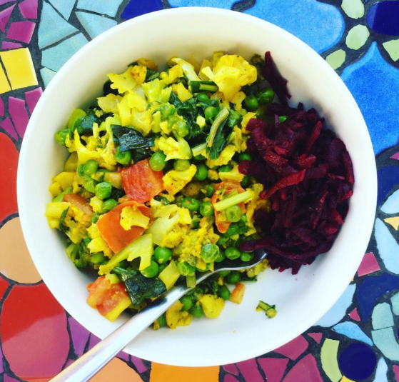 Eatin' a turmeric rainbow with #leftovers and an old knob of cheese.