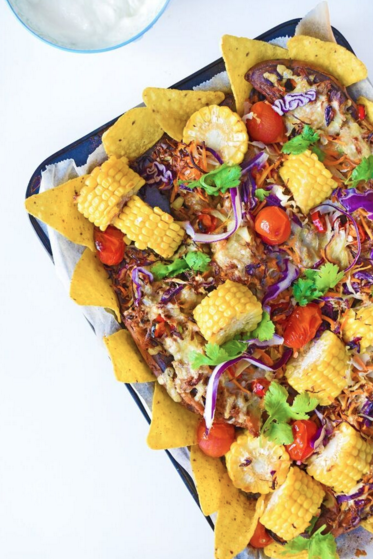 Sweet Potato Nachos: I made a giant family tray using pulled pork from the freezer. My 5-year-old loved his ‘sweet potato boats’, and of course, the corn cobs were saved to make corn cob stock.