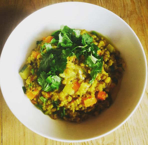 Been playing around with kitcheri recipes. Heard of the stuff? According to Ayurveda, it's the most balancing and gut-settling meal possible. to me it's also a vehicle for a generous dollop of ghee, lots of fresh tumeric and coriander.